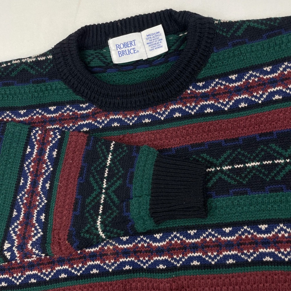 Robert Bruce Vintage Fair Isle Sweater Mens Medium Green Burgundy Geometric Knit